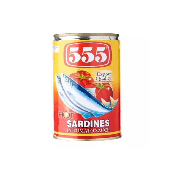 555 Sardines in Tomato Sauce (Hot) 155g - a delicious and affordable grocery option in Oman, perfect for quick meals. Discover the best online products in Oman for your pantry.